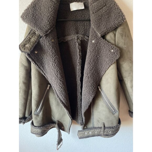 JOA Women's Biker Jacket Faux Fur Moto Short Belted Green Heavy Fleece Size XS - Picture 2 of 4